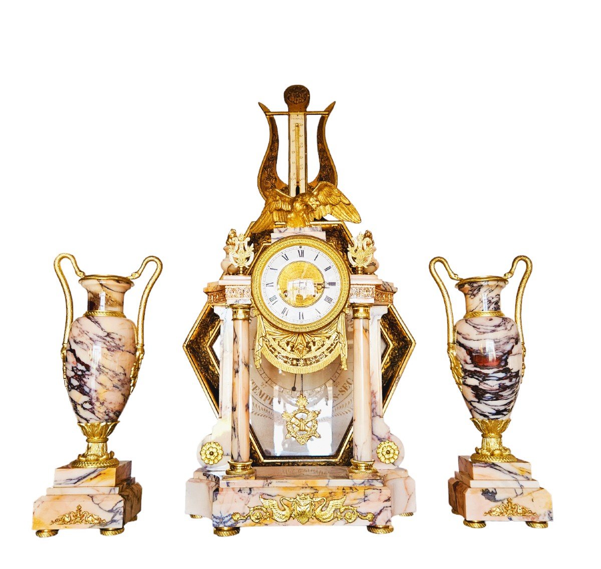 Pendule Et Vases  Empire XIXème Marbre Et  Bronze Doré