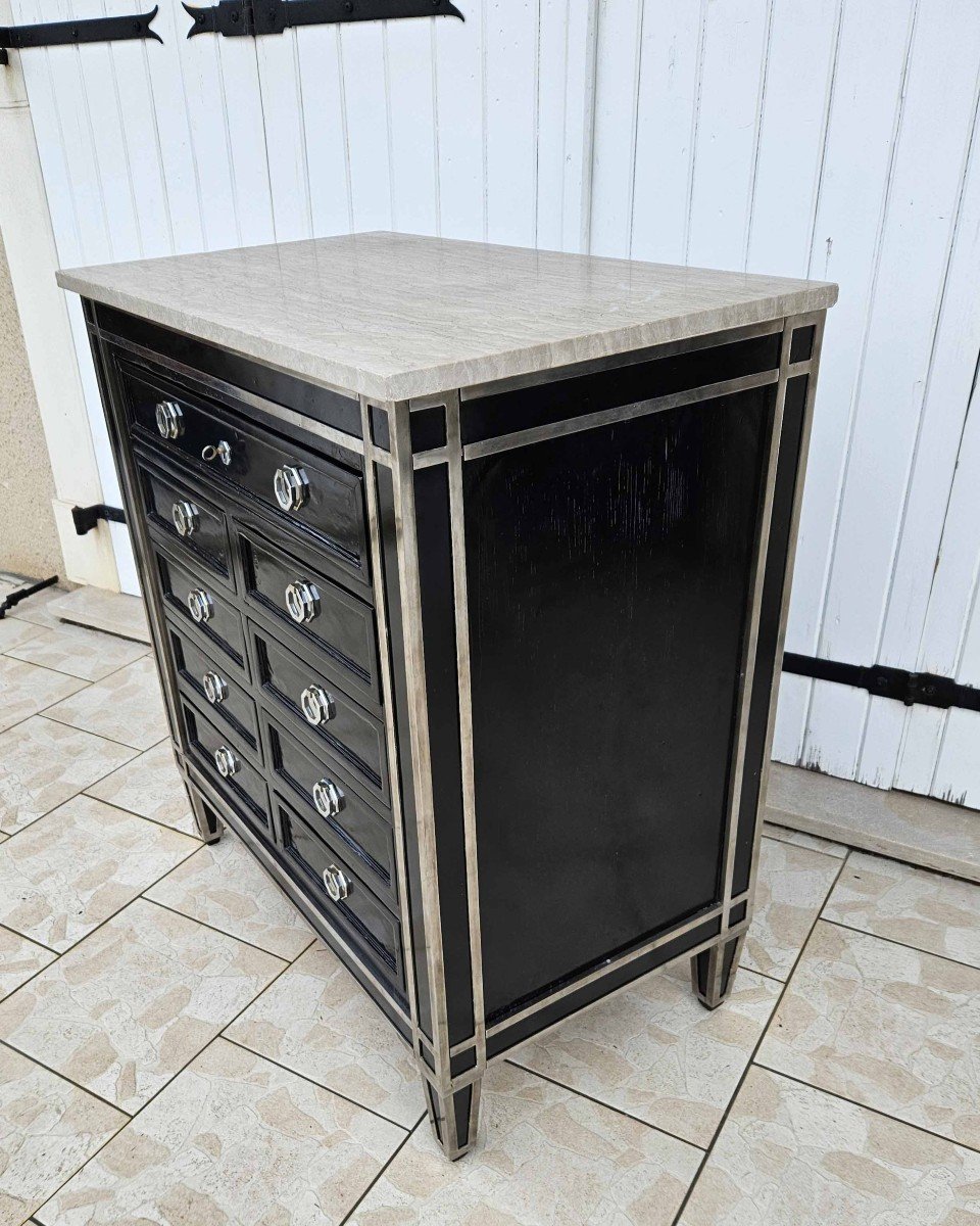 Commode Art D&eacute;co &agrave; 9 Tiroirs En Laque Et Bronze Nickel&eacute;-photo-2