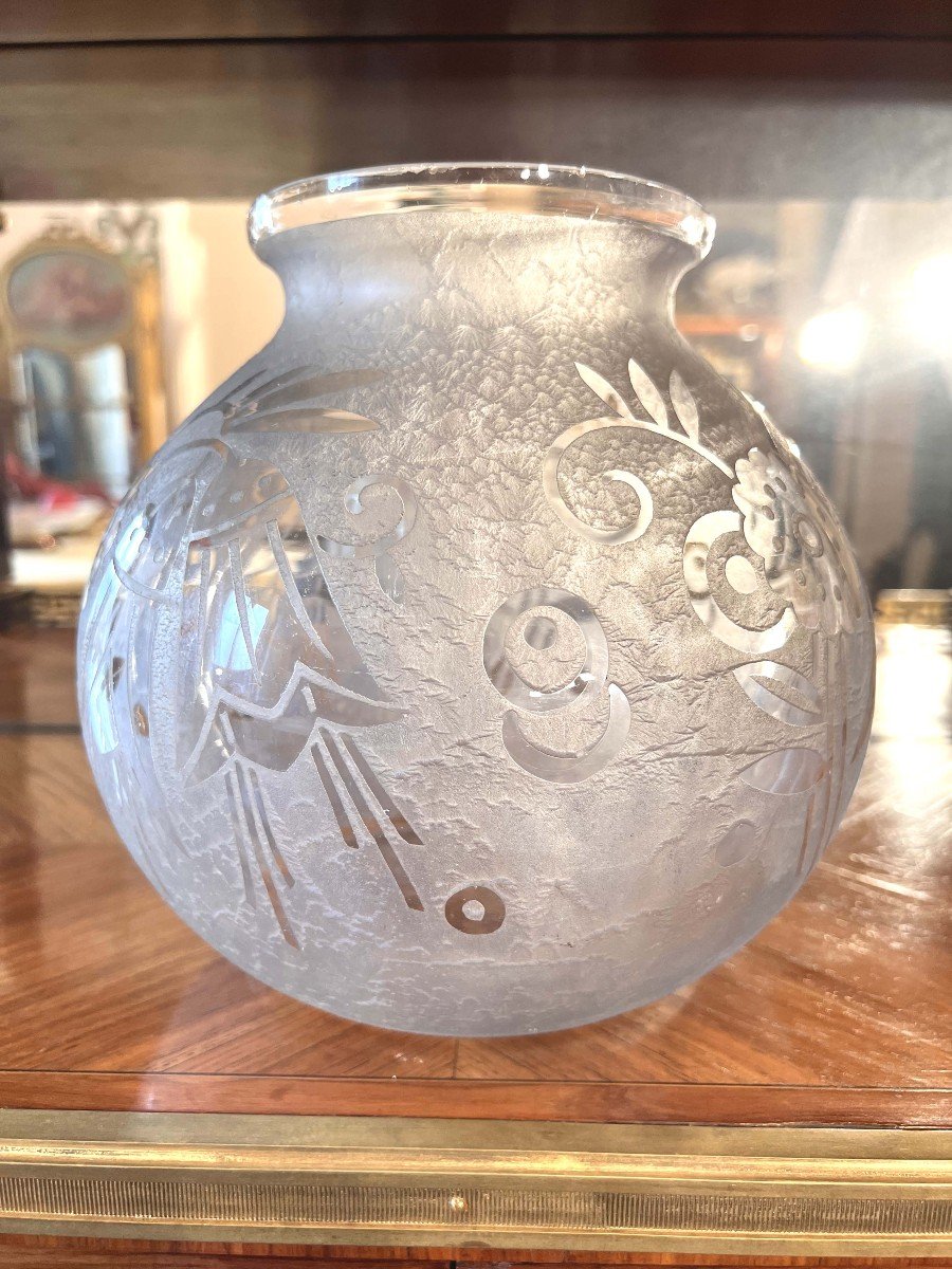 Vase Art Déco Signé Lorrain En Verre Givré Et Taillé-photo-3