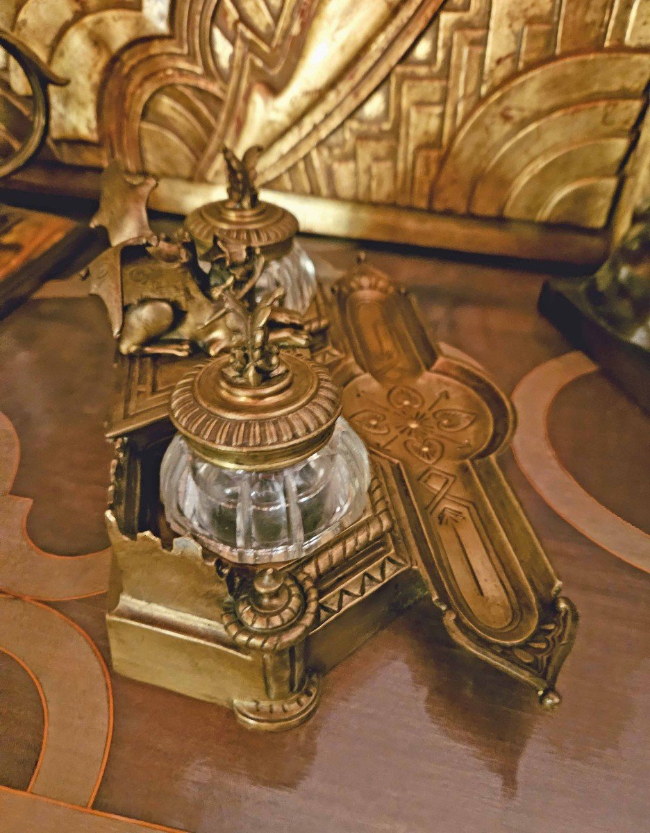 Bronze And Crystal Inkwell "au Diable" Signed Leblanc Successor Of F. Barbedienne-photo-5