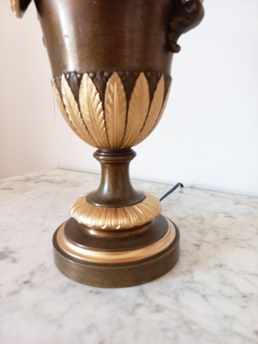 Importante Paire De Lampes à l 'Antique En Bronze Patiné Et Doré XIXe Siècle-photo-4
