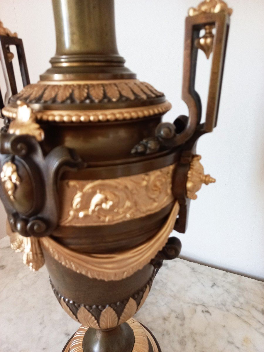 Importante Paire De Lampes à l 'Antique En Bronze Patiné Et Doré XIXe Siècle-photo-6