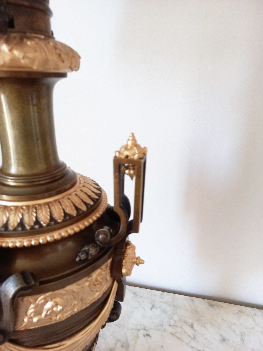 Importante Paire De Lampes à l 'Antique En Bronze Patiné Et Doré XIXe Siècle-photo-7