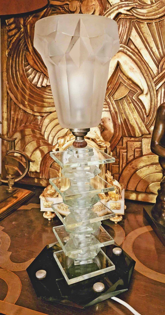 Art Deco Dlg Adnet Or Desny Lamp In Cut Glass And Opaline