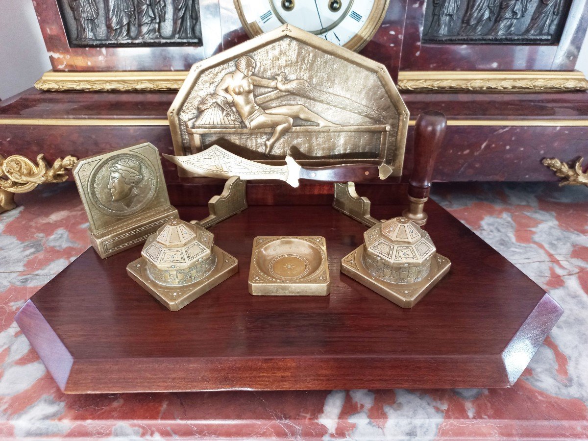 Art Deco Writing Desk In Bronze And Exotic Wood-photo-3