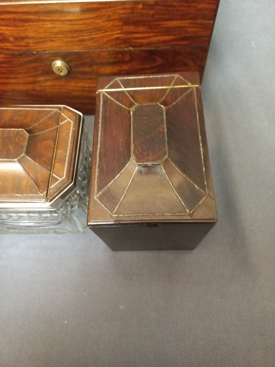 Boîte à Thé J Bramah 1748-1814, En Bois De Corail, Cristal et Argent-photo-8