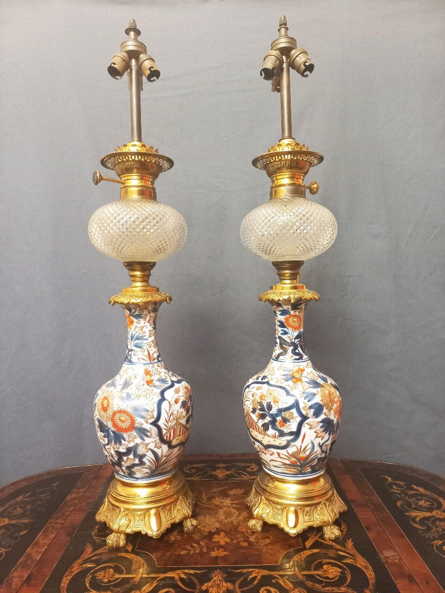 Important Pair Of Gilt Bronze Porcelain Lamps Late 19th Century