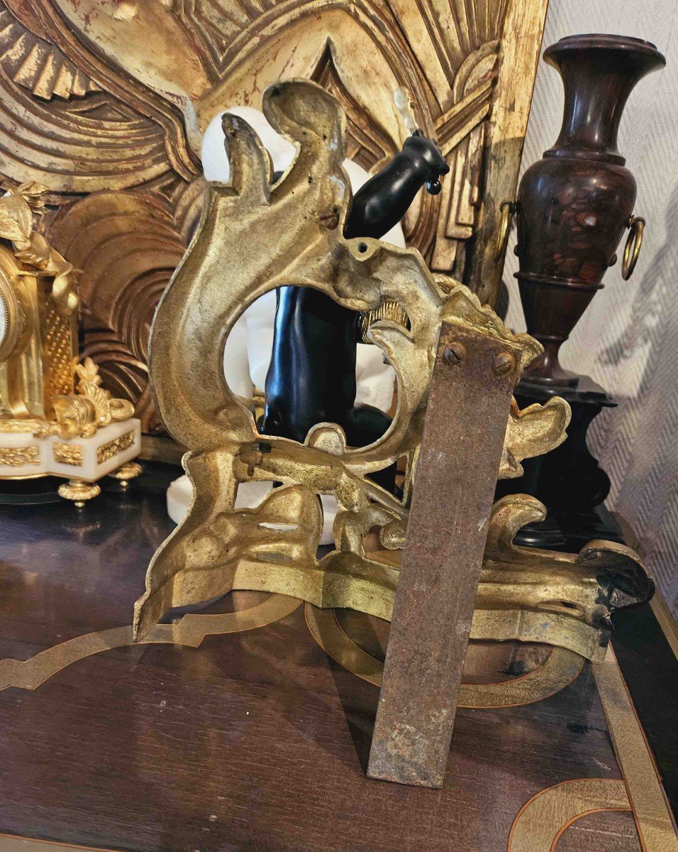 Pair Of Andirons With Putti In Gilded And Patinated Bronze 19th Century-photo-5