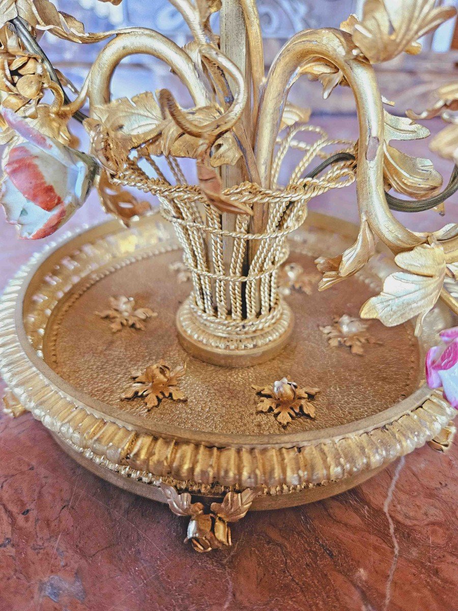 St Louis XV Bouillotte Lamp Gilt Bronze And Porcelain Flowers-photo-2