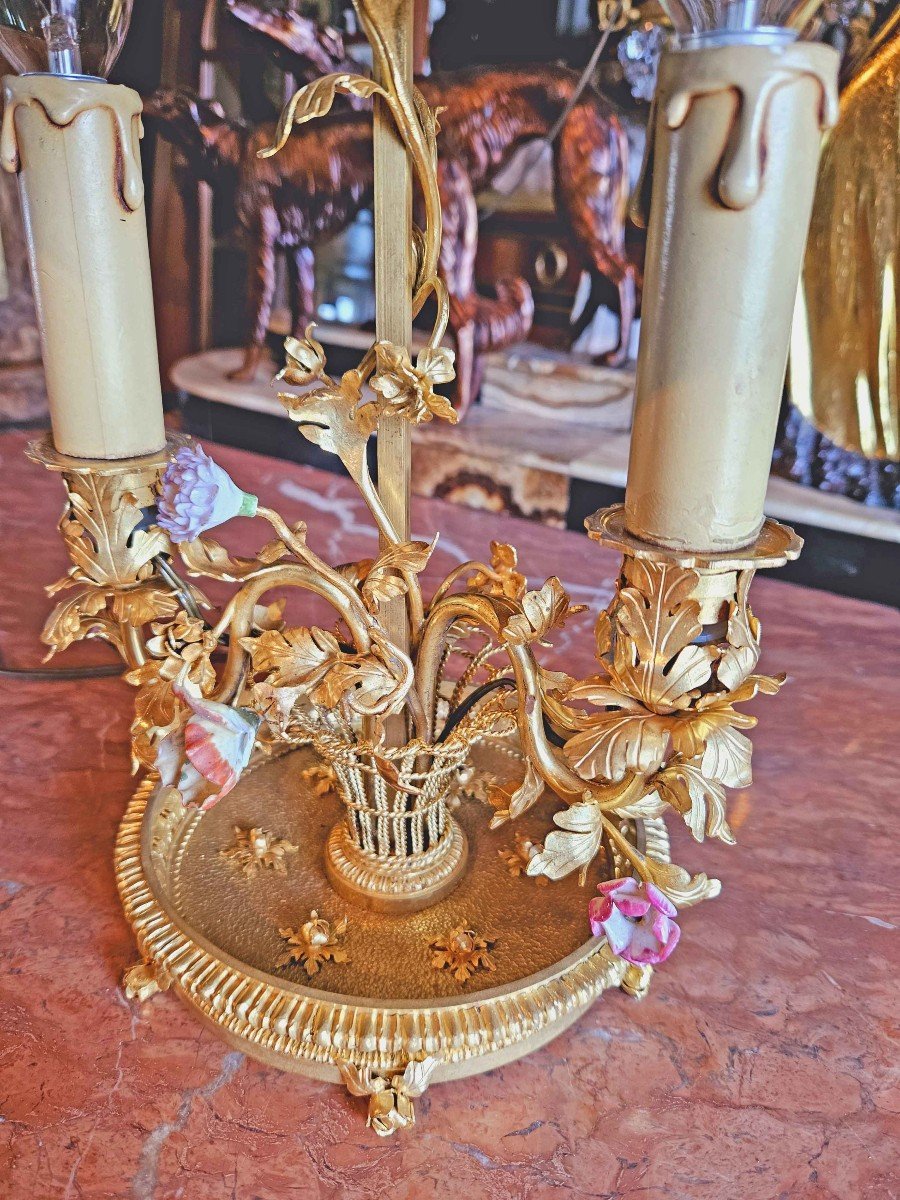 St Louis XV Bouillotte Lamp Gilt Bronze And Porcelain Flowers-photo-3