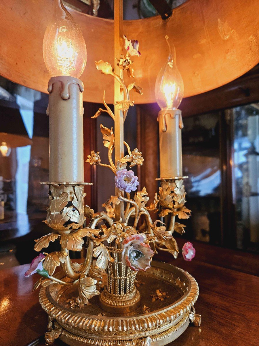 St Louis XV Bouillotte Lamp Gilt Bronze And Porcelain Flowers-photo-4