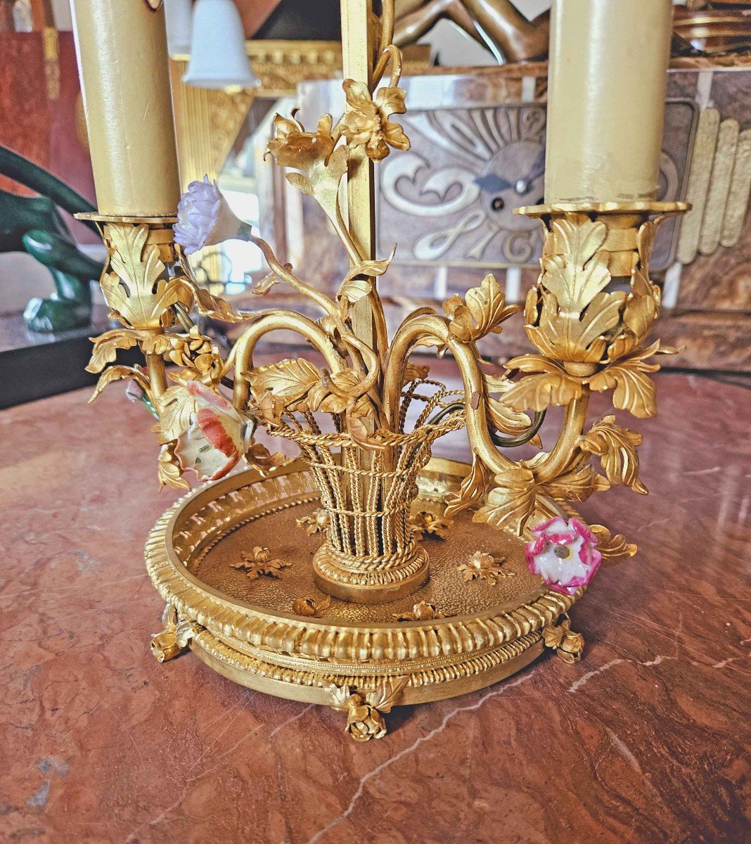 St Louis XV Bouillotte Lamp Gilt Bronze And Porcelain Flowers-photo-1
