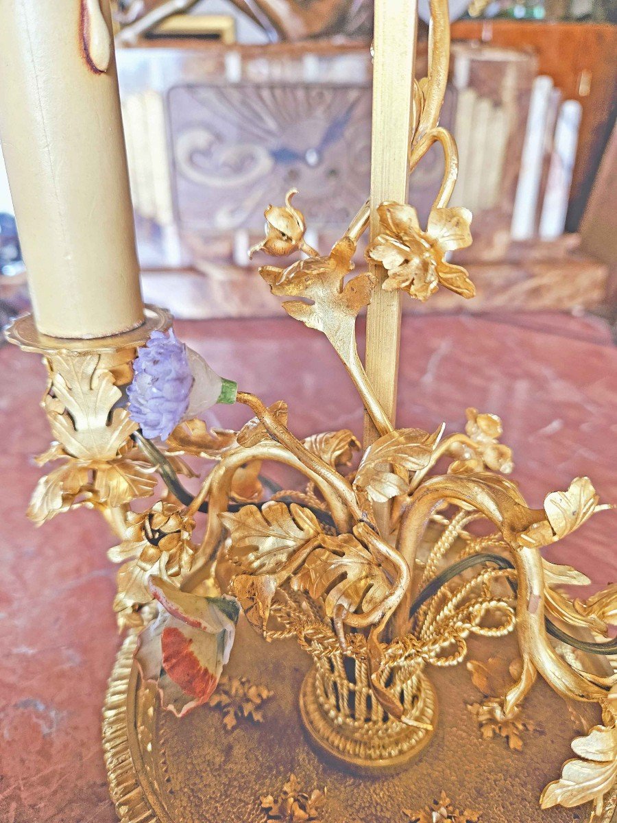 St Louis XV Bouillotte Lamp Gilt Bronze And Porcelain Flowers-photo-5
