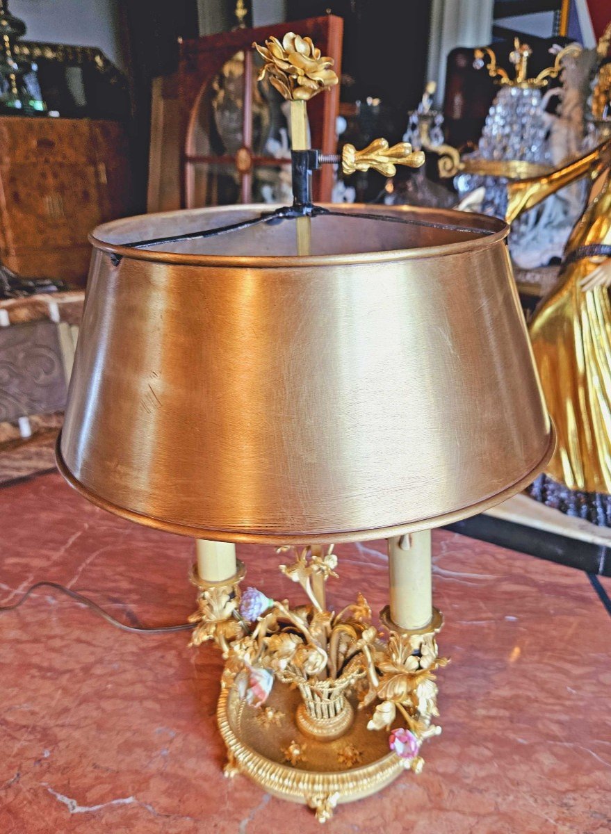 St Louis XV Bouillotte Lamp Gilt Bronze And Porcelain Flowers-photo-8