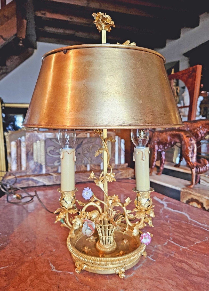 St Louis XV Bouillotte Lamp Gilt Bronze And Porcelain Flowers