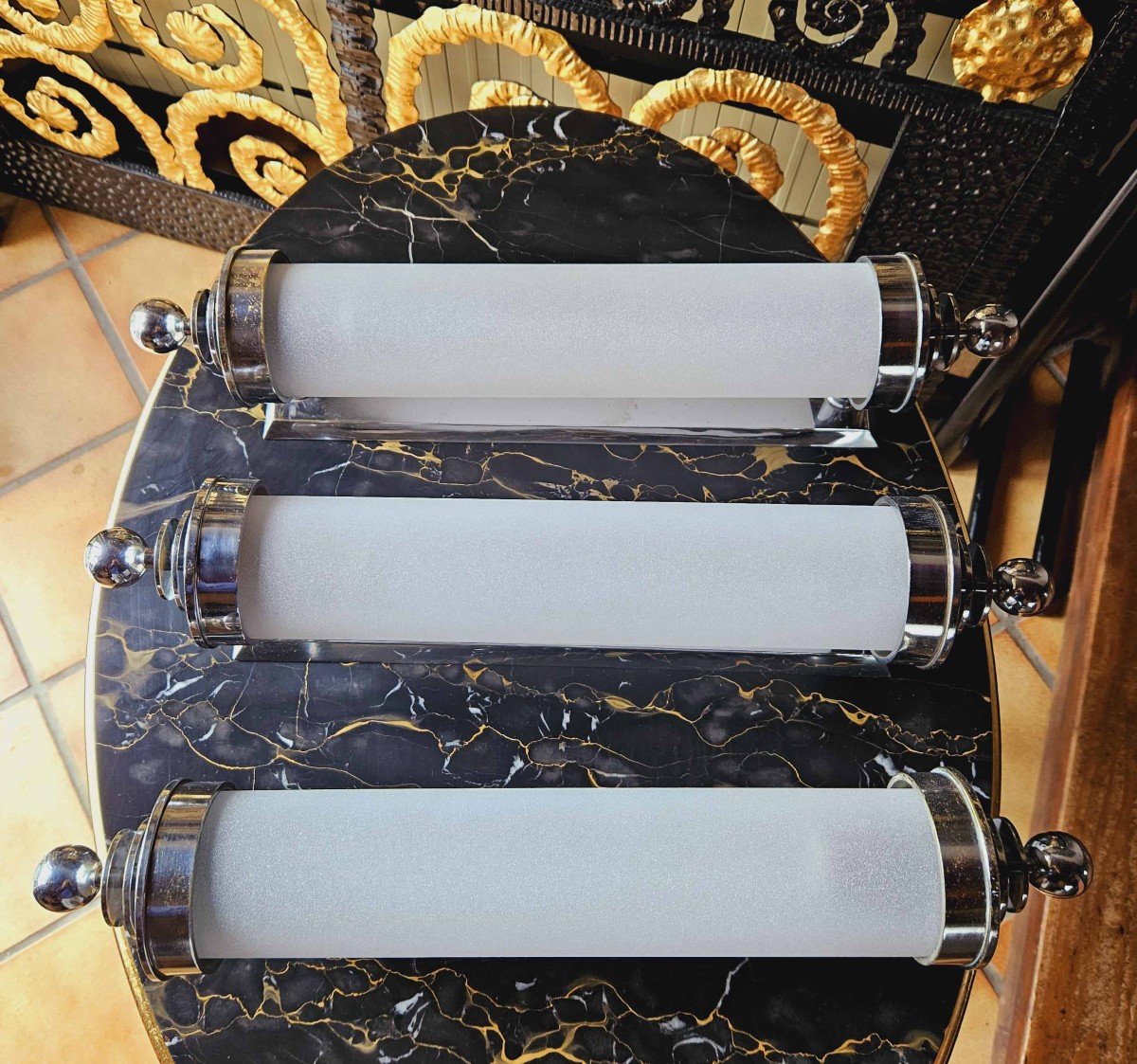  Suite Of 3 Large Modernist Art Deco Sconces-photo-3