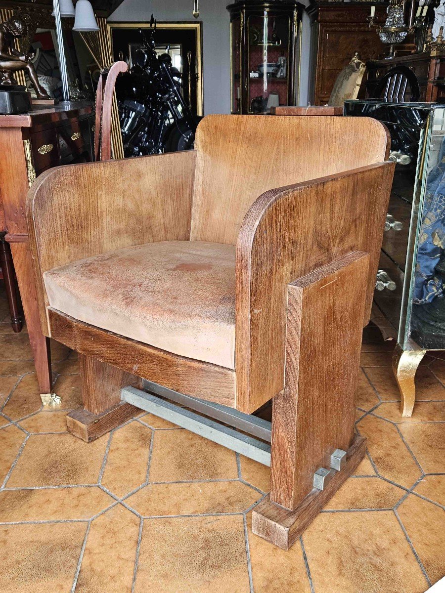 Fauteuil De Bureau Art Déco Moderniste En Palissandre Et Cuir-photo-4