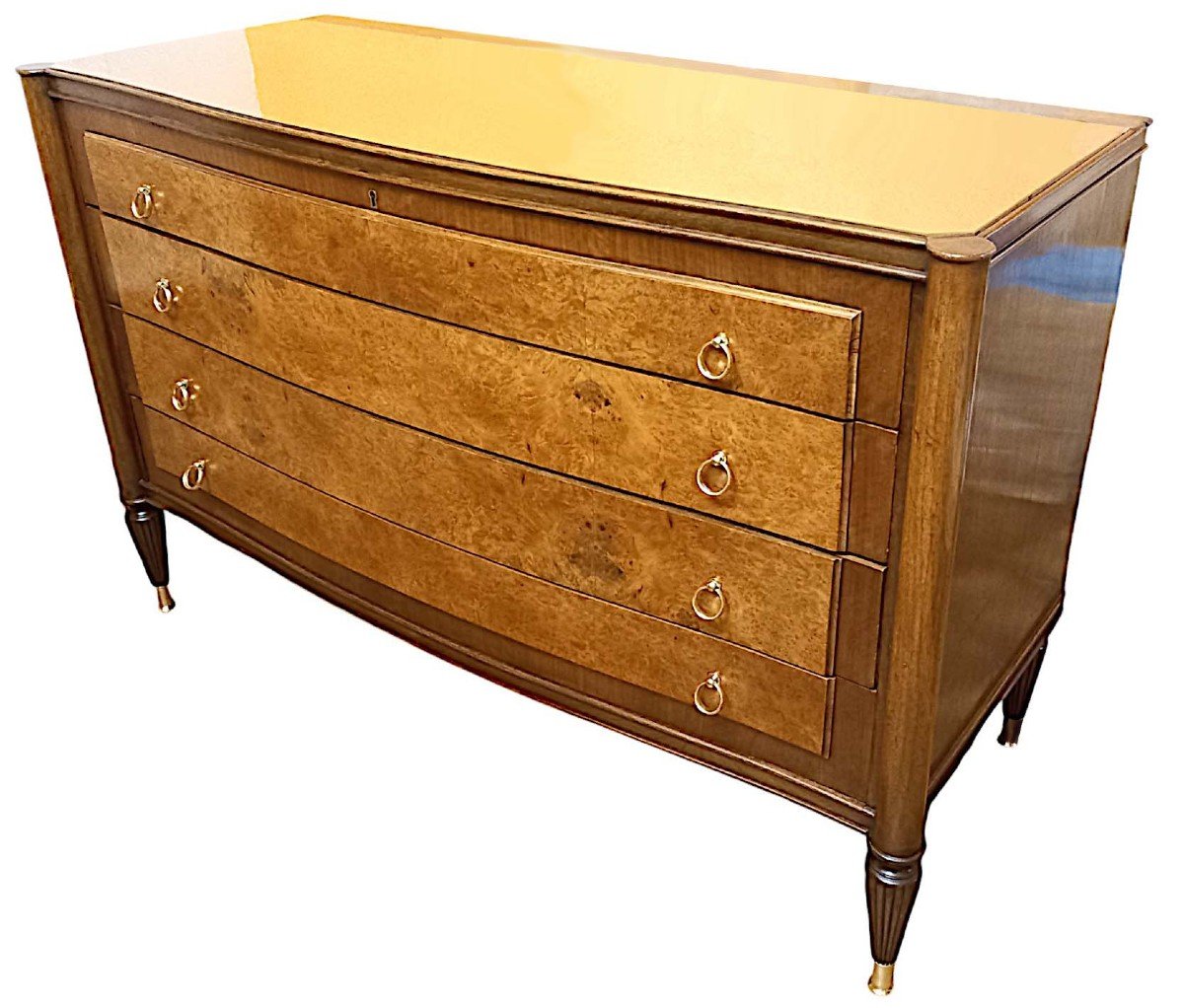 Commode Galbée Art Déco En Loupe d'Orme Et Noyer 