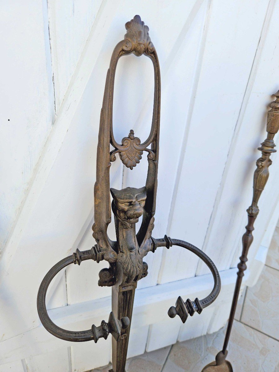 N&eacute;cessaire De Chemin&eacute;e &agrave; la chim&egrave;re En Bronze Patin&eacute; De Style &eacute;trusque XIX&egrave;me-photo-1
