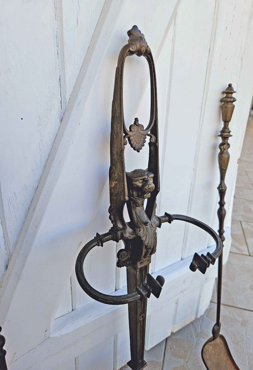 N&eacute;cessaire De Chemin&eacute;e &agrave; la chim&egrave;re En Bronze Patin&eacute; De Style &eacute;trusque XIX&egrave;me-photo-6
