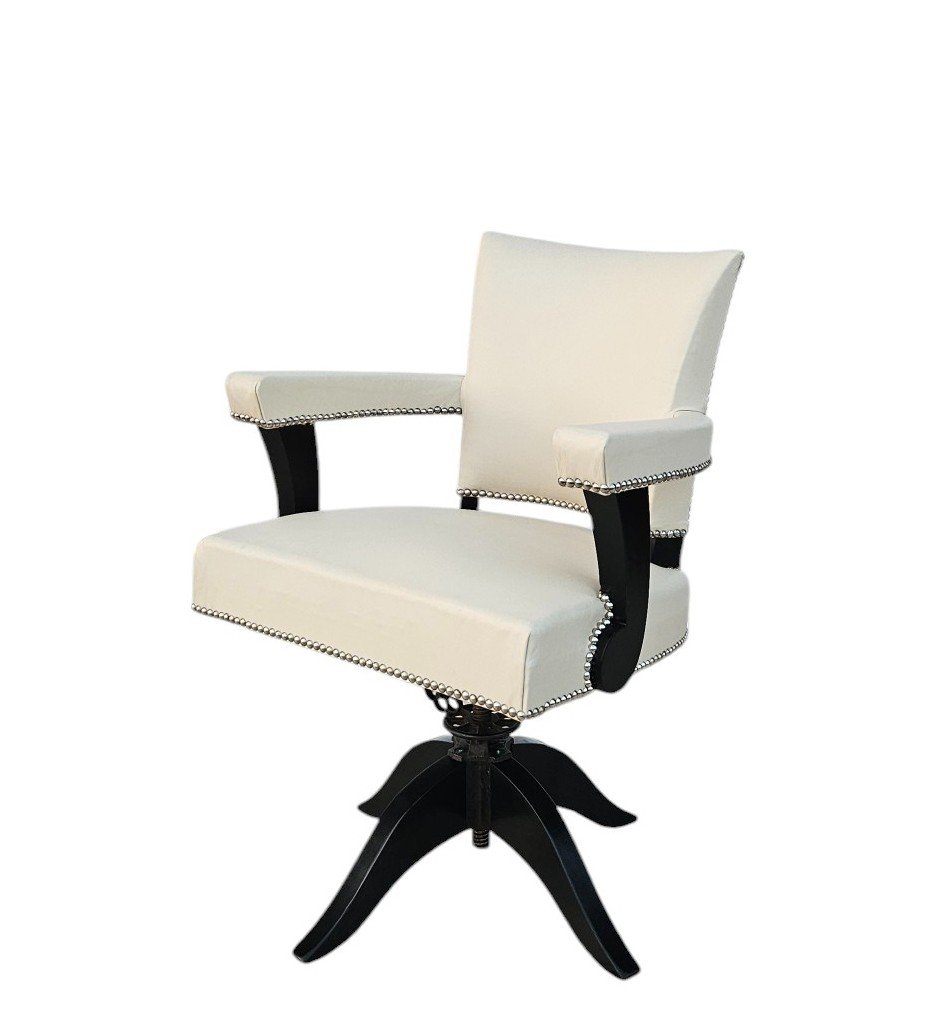 Art Deco Ivory Leather Swivel Office Chair-photo-3