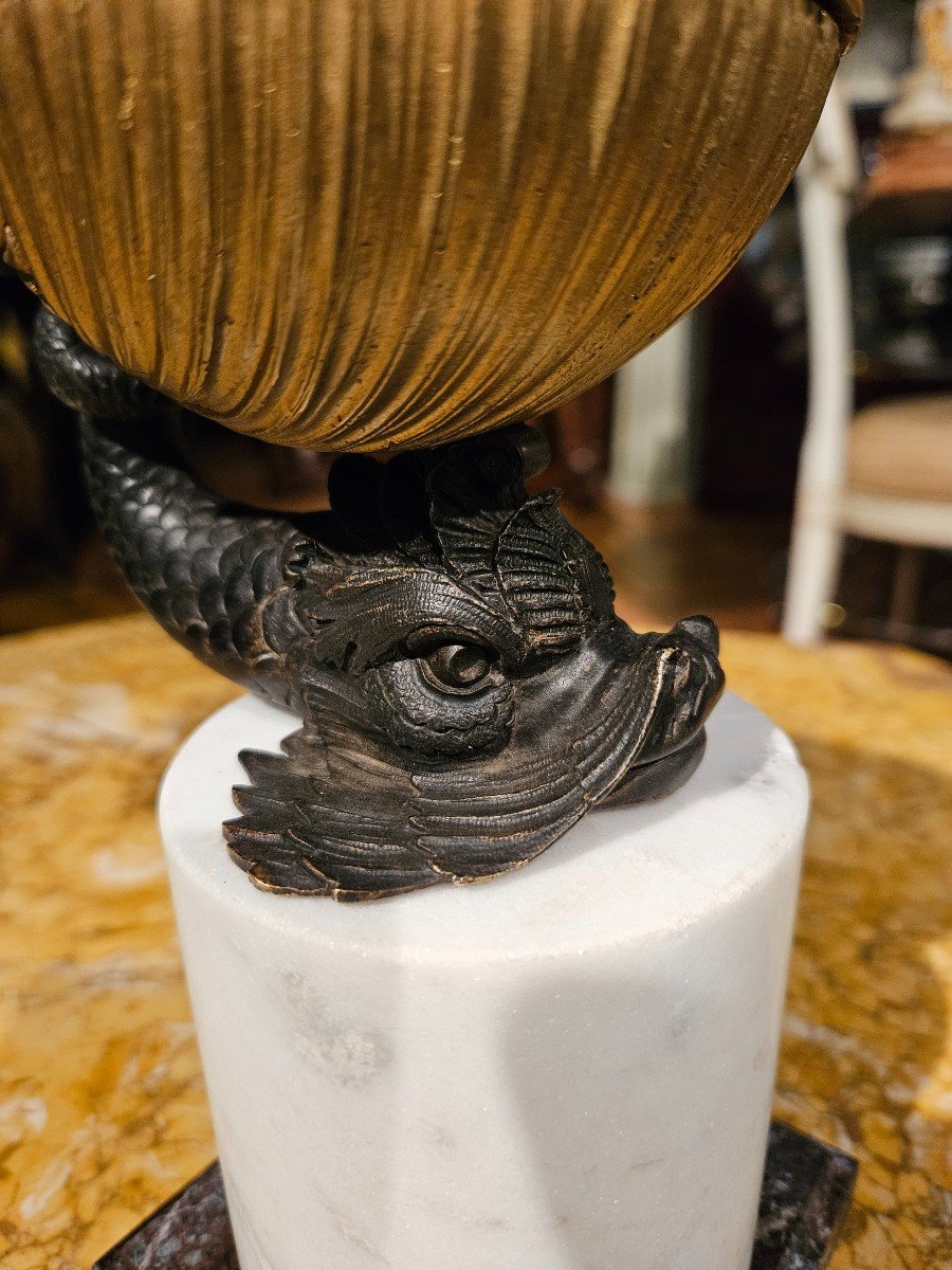 Bronze Inkwell, Early 19th Century, With Dolphin And Shell-photo-4