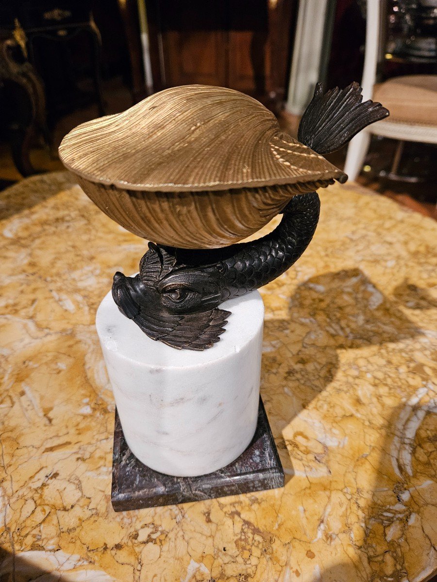 Bronze Inkwell, Early 19th Century, With Dolphin And Shell-photo-1