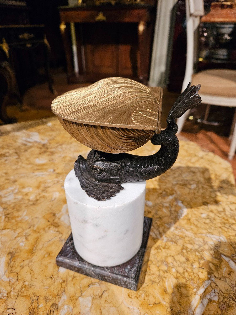 Bronze Inkwell, Early 19th Century, With Dolphin And Shell-photo-6