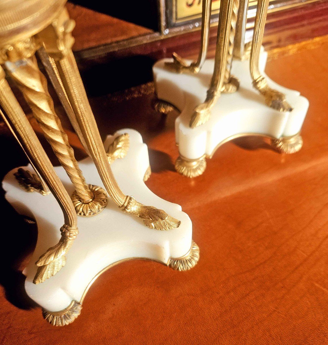 Pair Of Gilt Bronze And White Marble Candlesticks, 19th Century-photo-3