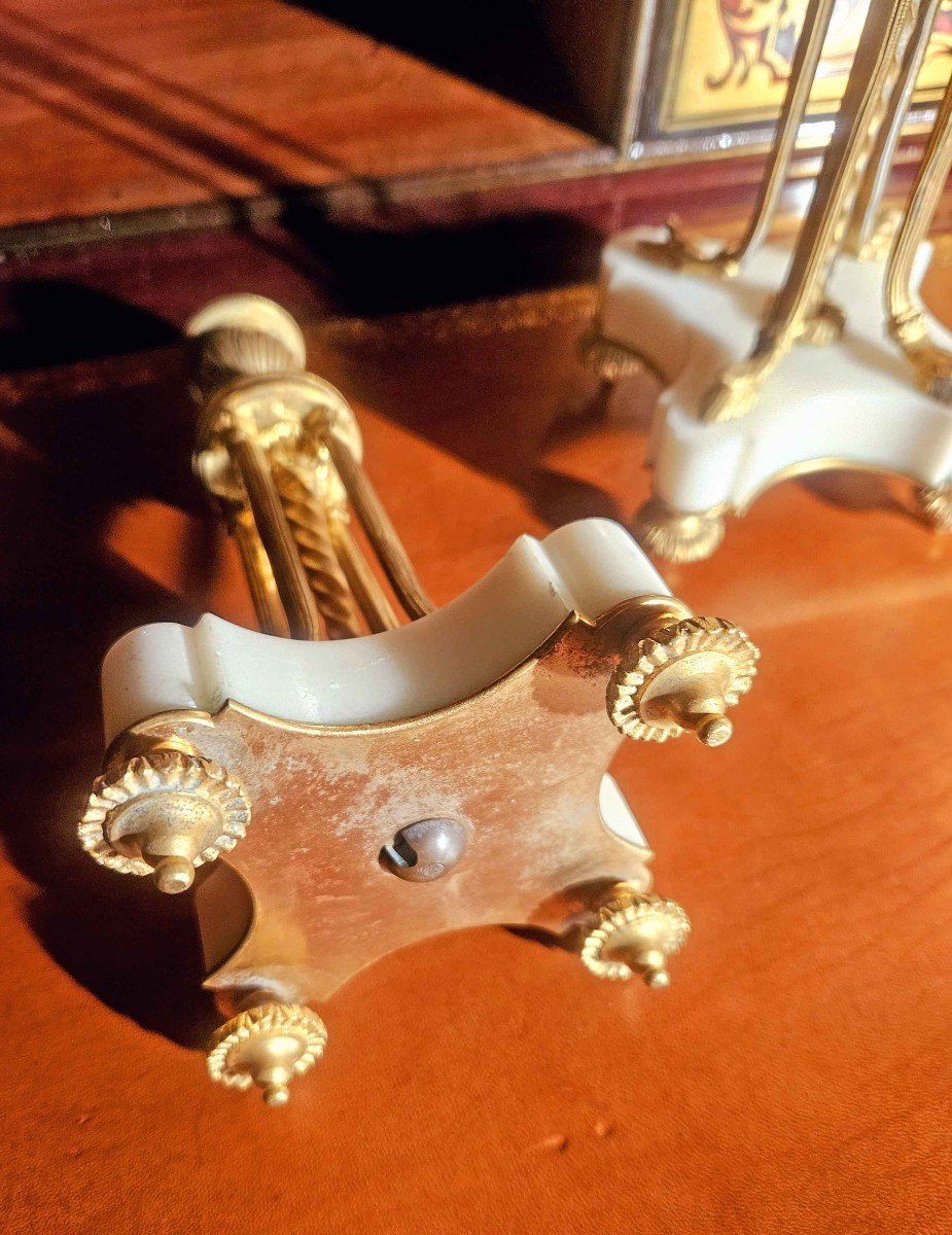 Pair Of Gilt Bronze And White Marble Candlesticks, 19th Century-photo-4
