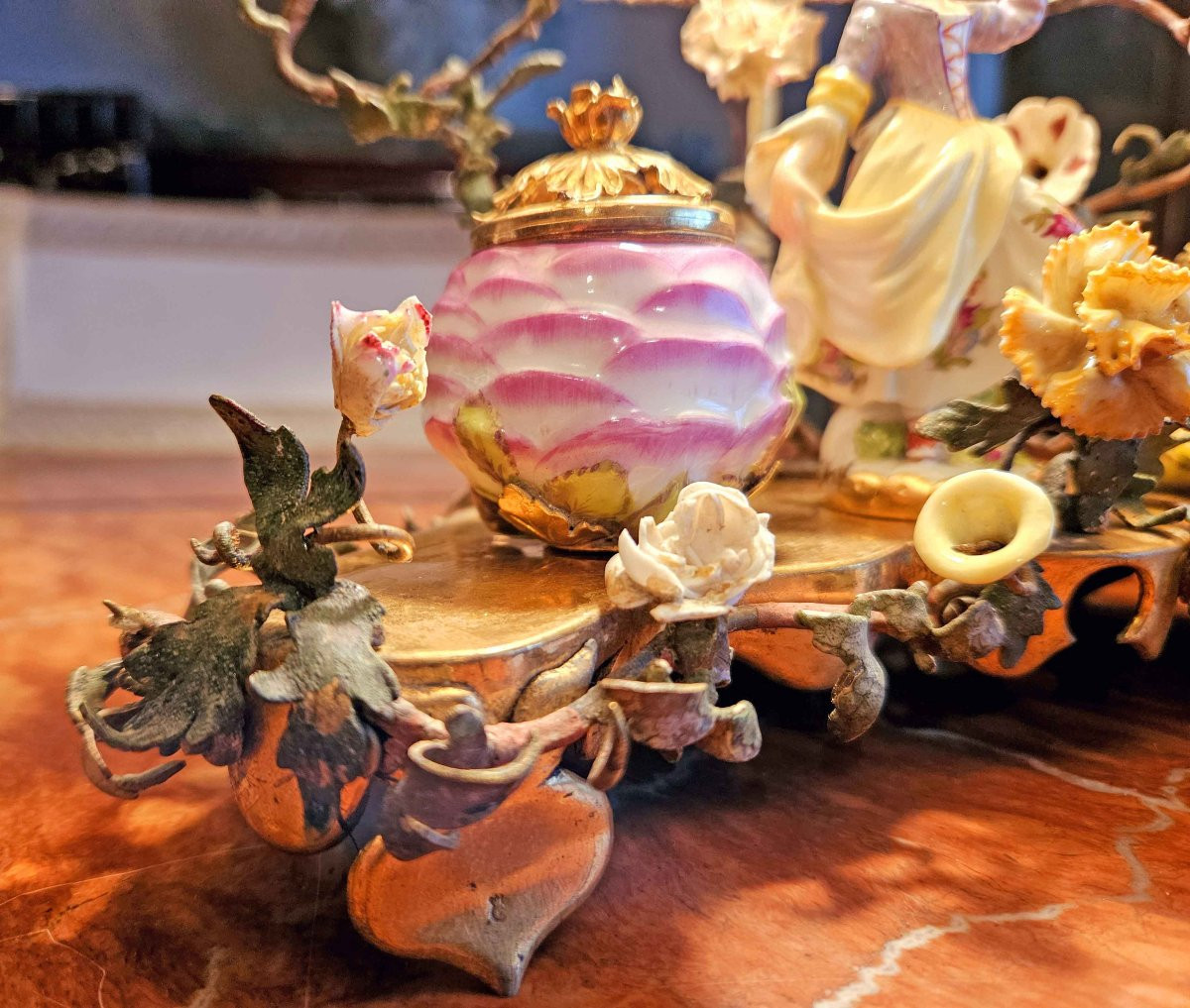 Louis XV Period Inkwell With Crowned C Meissen Porcelain And Gilt Bronze-photo-2