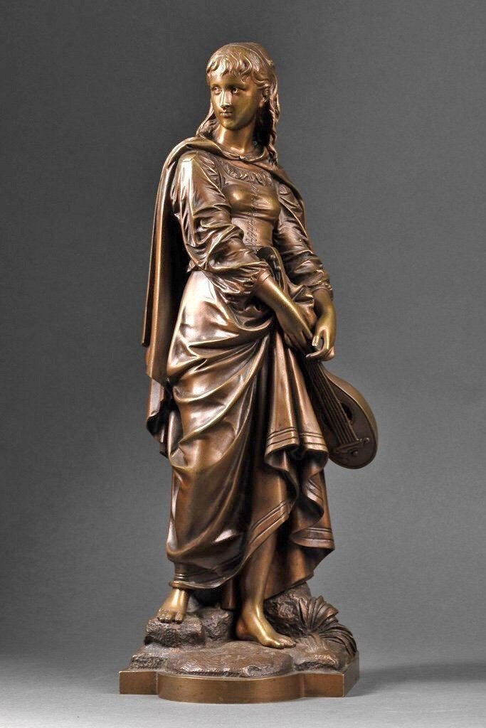 Jeune Femme à La Mandoline Eutrope Bouret (1833-1906) Sculpture En Bronze-photo-5