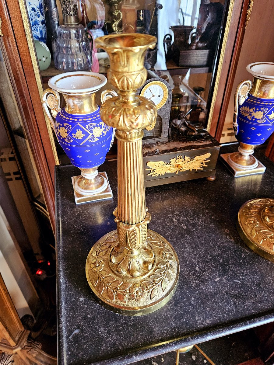 Paire De Grands Flambeaux D&eacute;but XIX&egrave;me Bronze Dor&eacute; ht 31 cm-photo-3