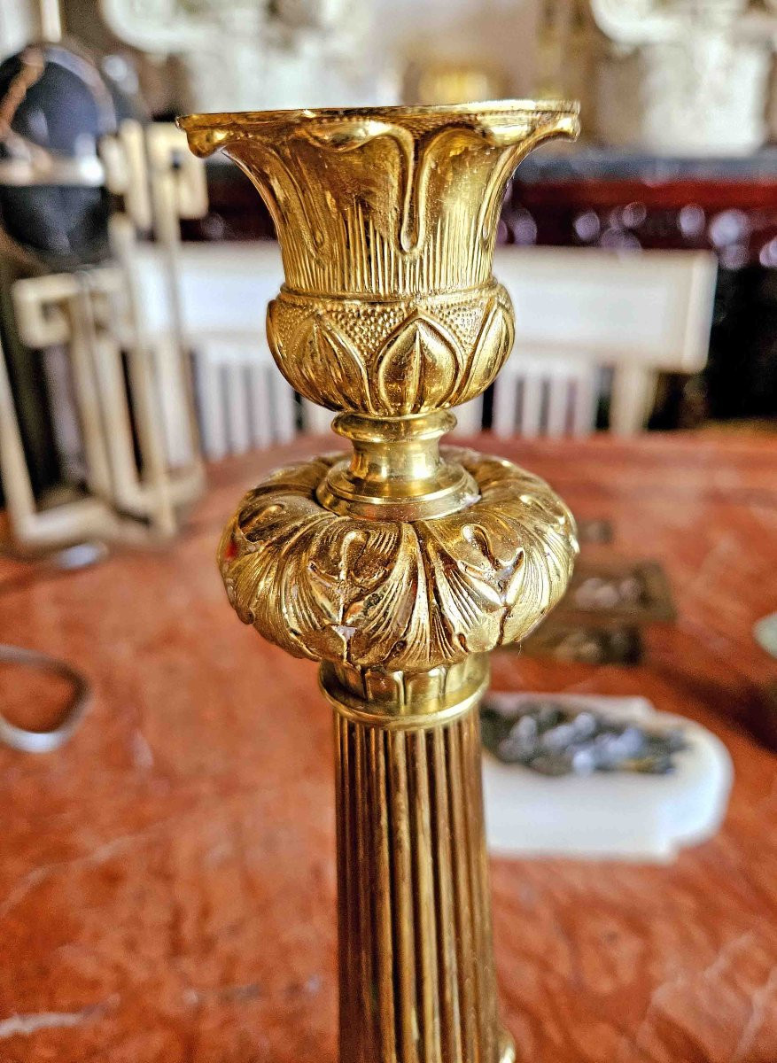 Paire De Grands Flambeaux D&eacute;but XIX&egrave;me Bronze Dor&eacute; ht 31 cm-photo-4