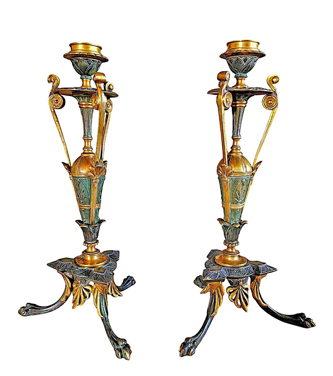 Pair Of Etruscan Tripod Candlesticks In Gilt And Patinated Bronze