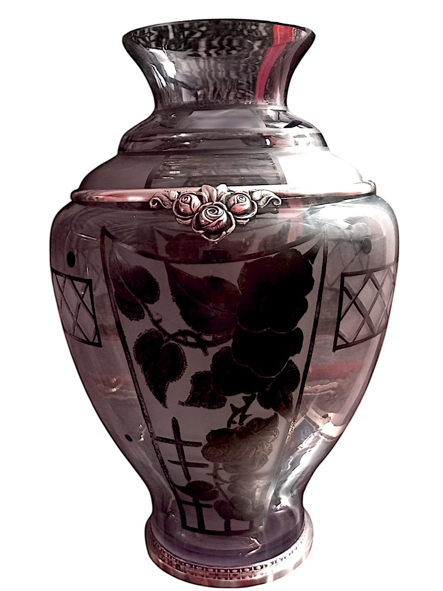 Art Deco Glass And Silver Metal Vase-photo-8