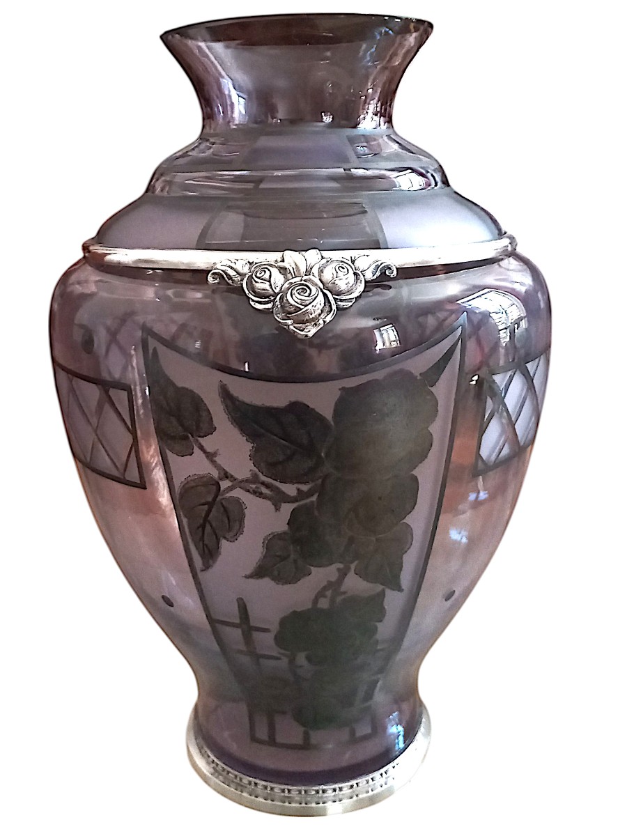 Art Deco Glass And Silver Metal Vase