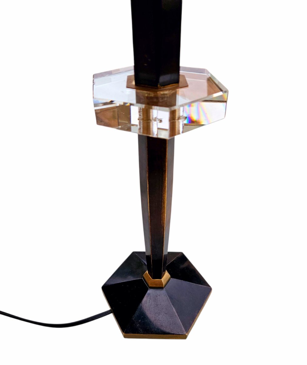 Art Deco Lamp In Patinated Bronze And Crystal Signed Morand Paris-photo-3