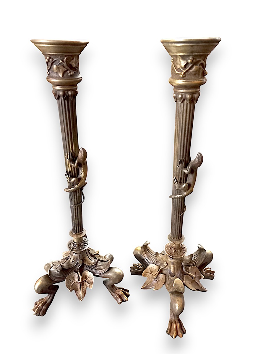 Pair Of 19th Century Bronze Candlesticks With Salamanders