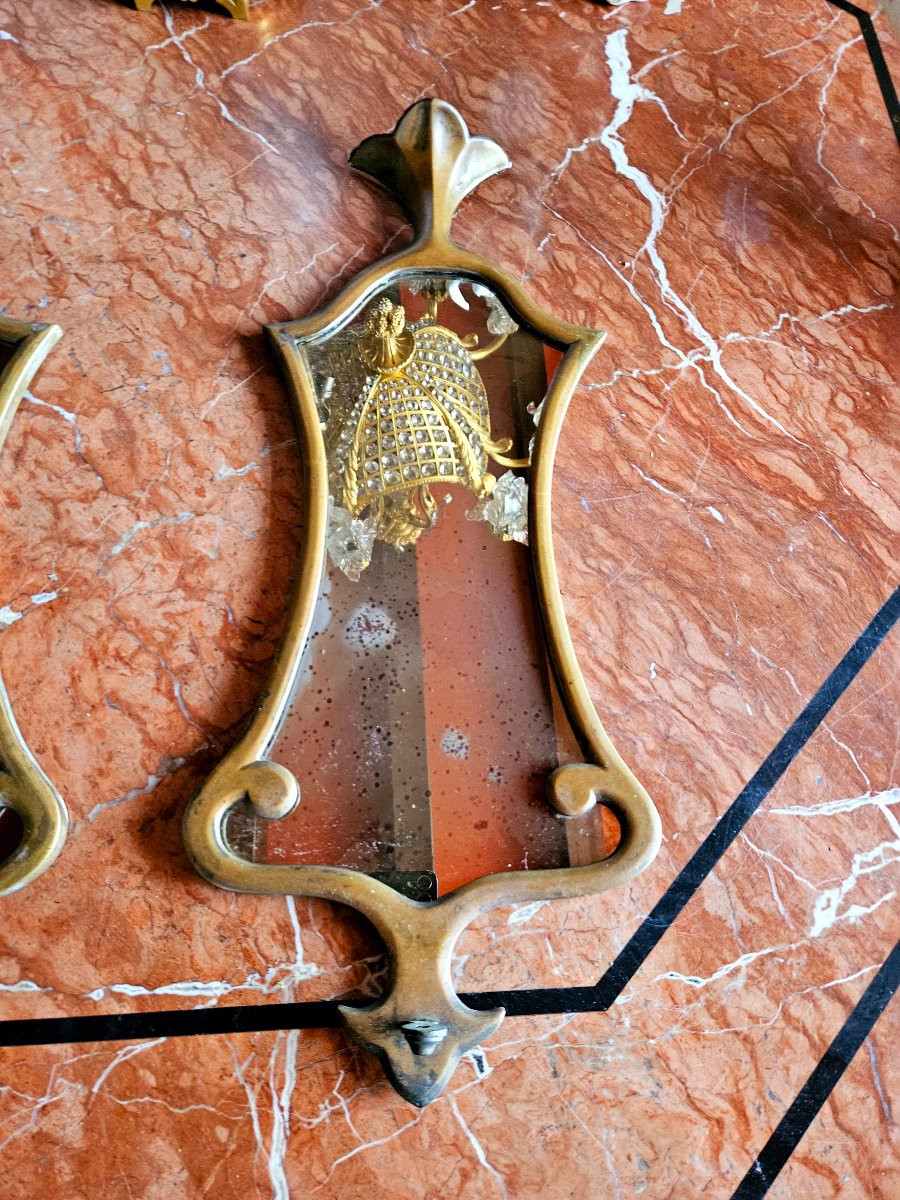 Paire d'appliques à miroir en bronze patiné XIXÈME -photo-3