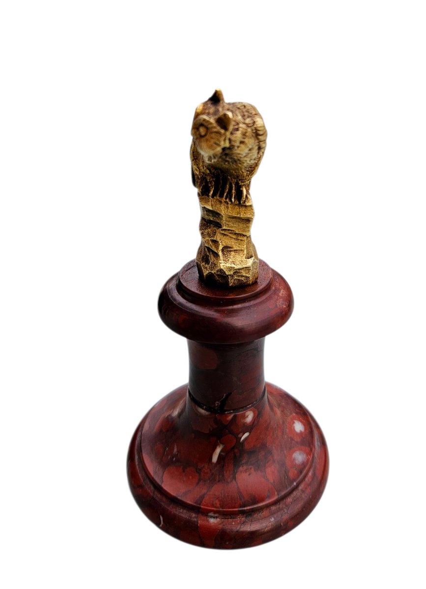 Small Gilded Bronze Owl On A Red Marble Base-photo-2