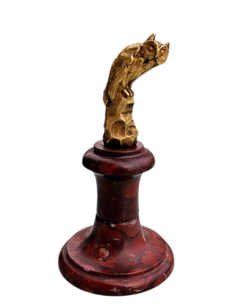Small Gilded Bronze Owl On A Red Marble Base-photo-1