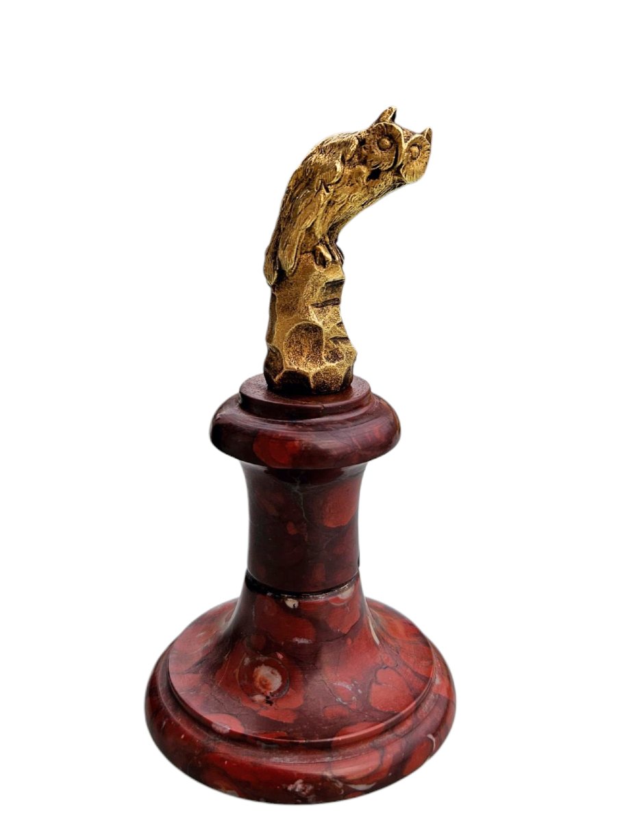 Small Gilded Bronze Owl On A Red Marble Base-photo-2