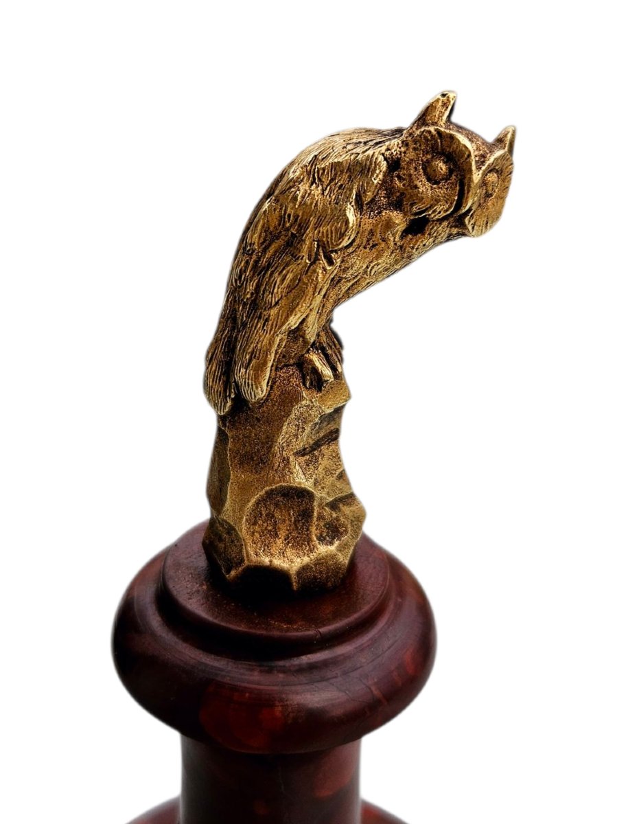 Small Gilded Bronze Owl On A Red Marble Base-photo-3