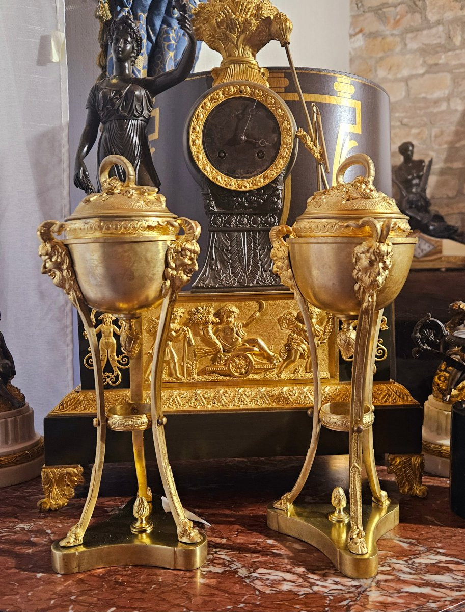 Cassolettes en athénienne bronze doré "aux faunes et serpents"-photo-2