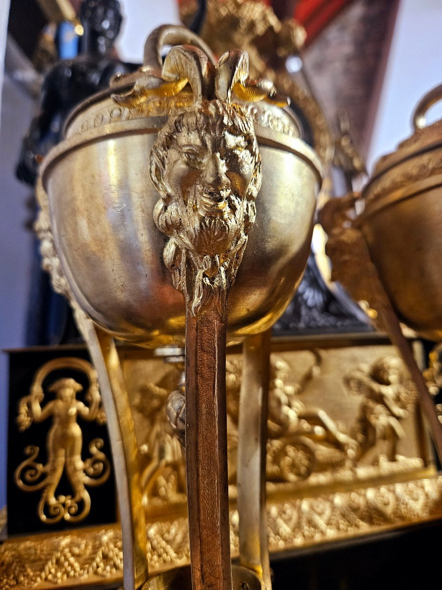 Cassolettes en athénienne bronze doré "aux faunes et serpents"-photo-7