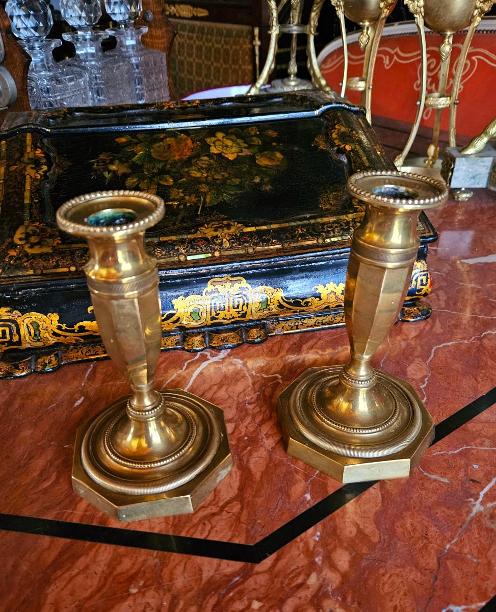 Paire de petits bougeoirs "ragots" bronze époque Empire -photo-3