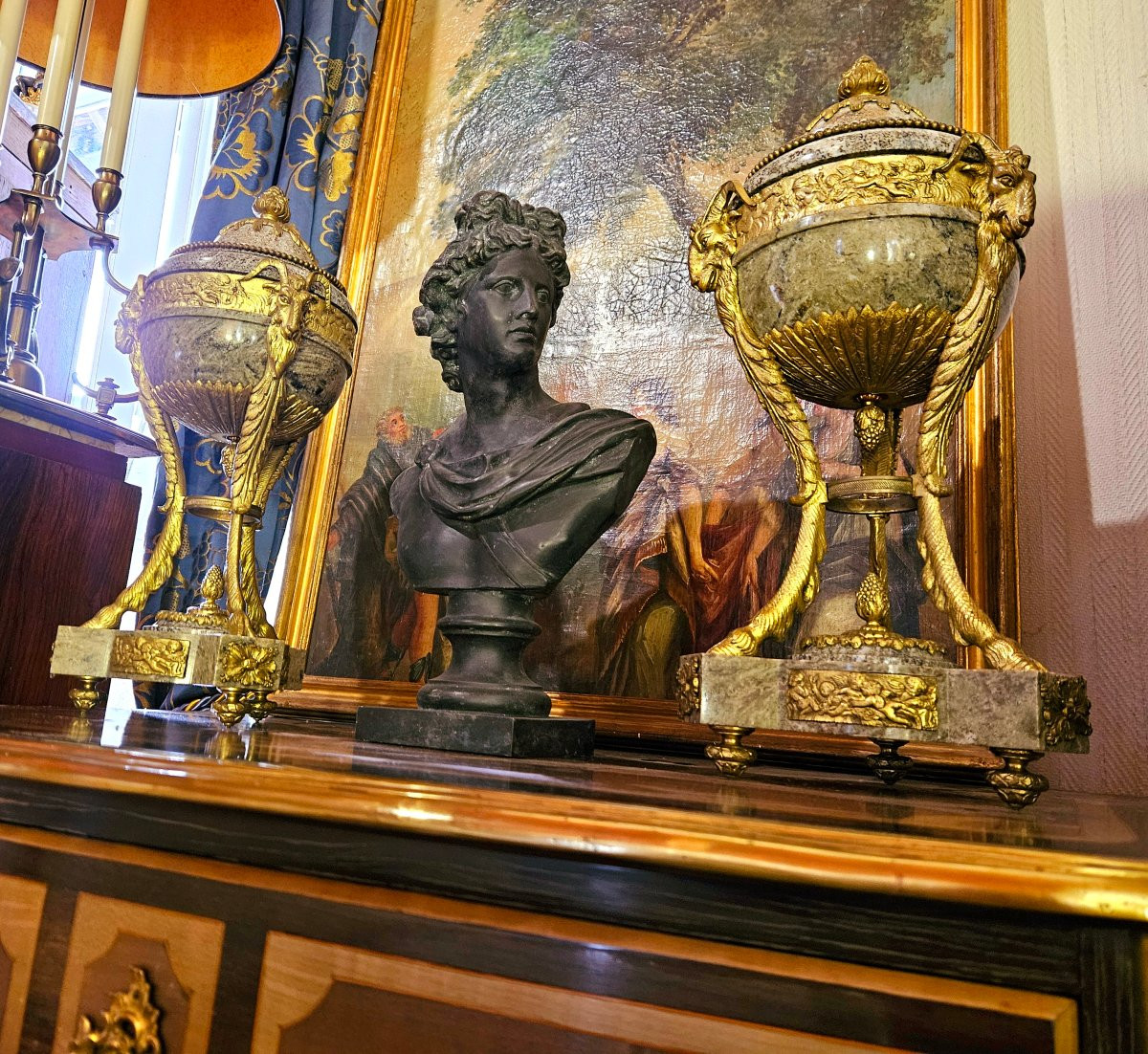 Paire d'importantes cassolettes marbre et bronze doré XIXÈME -photo-4