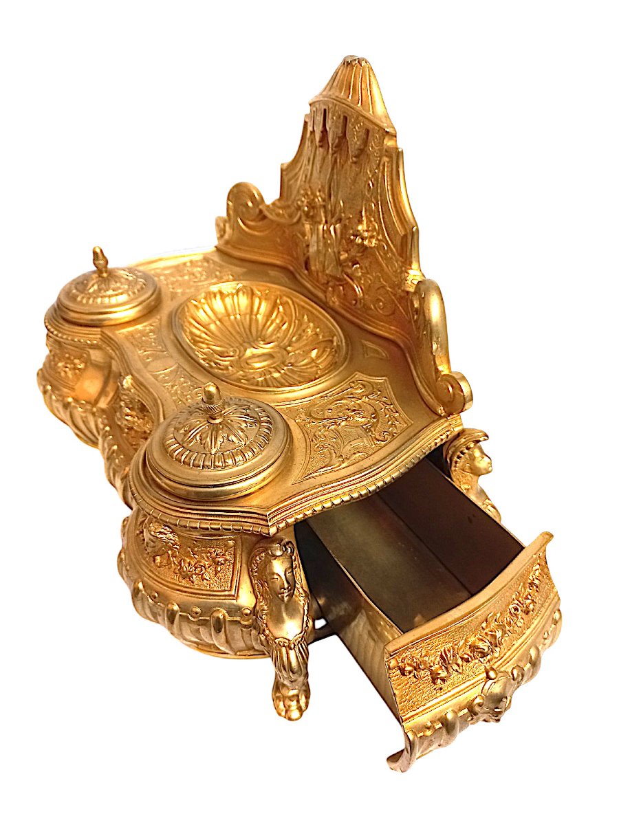 Louis XIV Inkwell Signed Lerolle Frères Paris (1836-1863) Gilt Bronze-photo-2