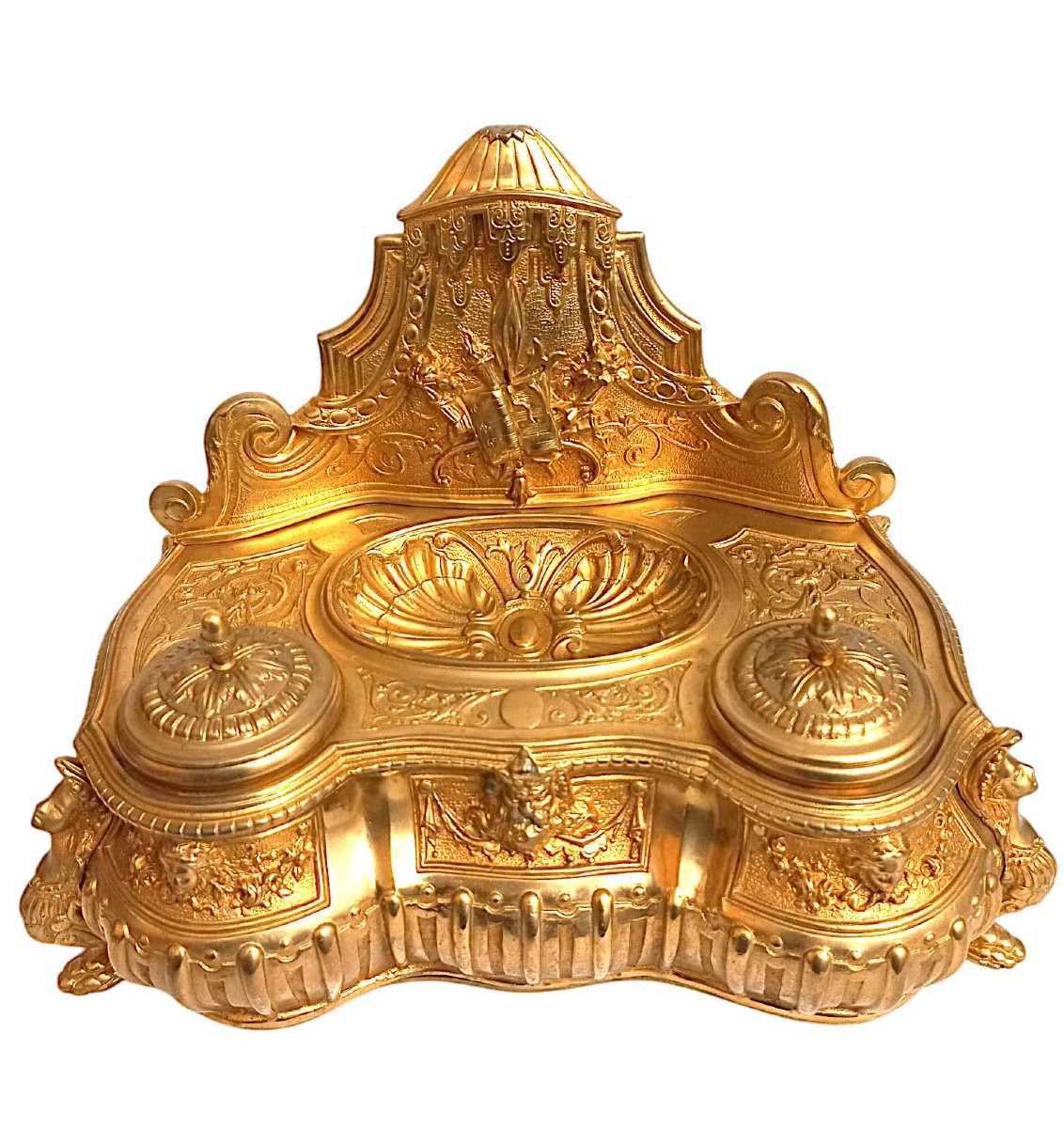 Louis XIV Inkwell Signed Lerolle Frères Paris (1836-1863) Gilt Bronze-photo-3